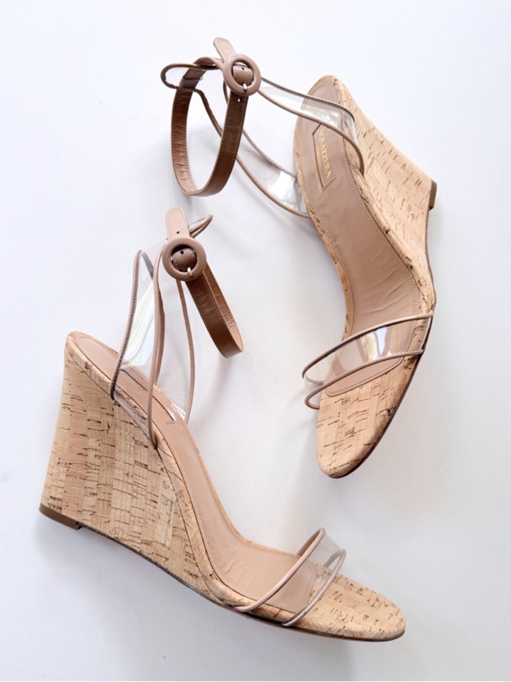Aquazurra Minimalist Sandal Cork Wedge Sandals Illusion Straps Nude Leather 41